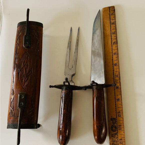 Vintage Hand Carved Wood and Brass Meat Carving Set Knife/Fork Made In India - Picture 2 of 9